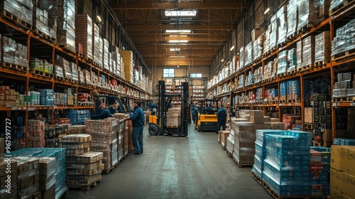 A warehouse with a lot of pallets and boxes