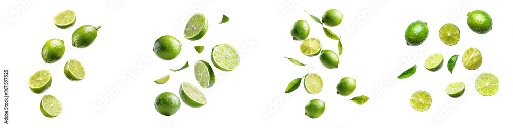 falling ripe kalamansi limes on white background, full depth of field, transparent background falling ripe kalamansi limes on white background, full depth of field, transparent background