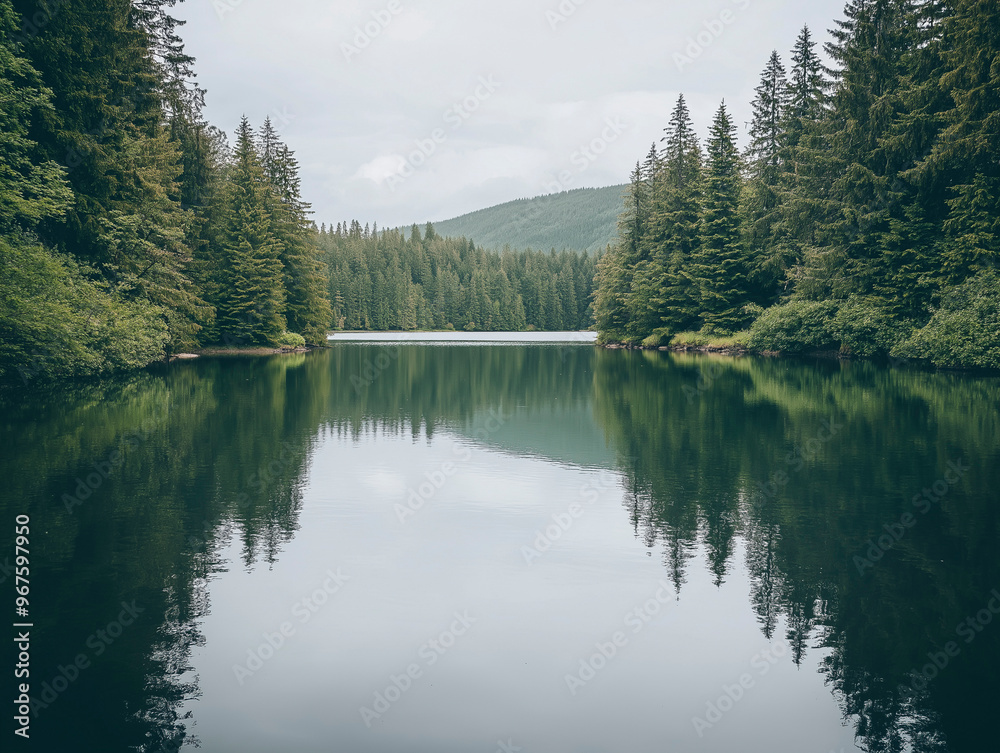 A serene lake nestled among tall pine trees reflecting the tranquil beauty of nature on a cloudy day A serene lake nestled among tall pine trees reflecting the tranquil beauty of nature on a cloudy day