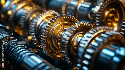 Close-up of Interlocking Metallic Gears in a Machine