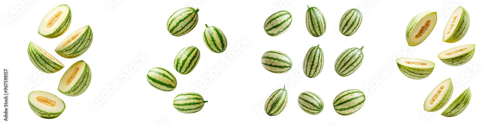 falling ripe muskmelons on white background, full depth of field, transparent background