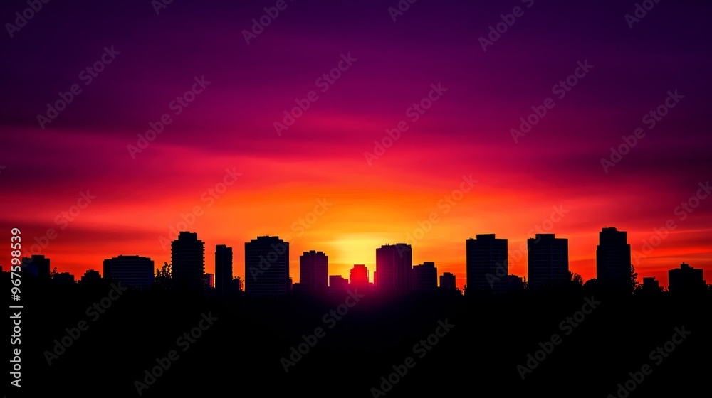 Silhouette city skyline at sunset, with vibrant orange and purple hues. Silhouette city skyline at sunset, with vibrant orange and purple hues.