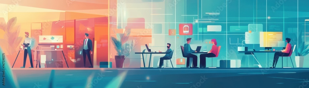 Obraz premium A vibrant office environment showcasing diverse professionals engaged in collaborative work and technology.