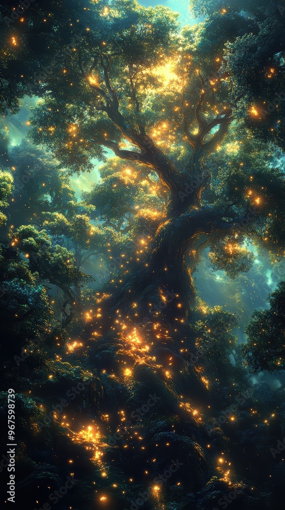 Obraz premium Enchanted Forest Tree with Fireflies
