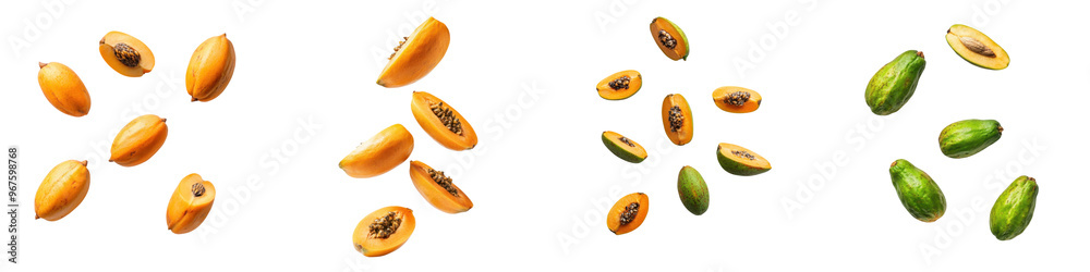 falling ripe pawpaw fruits on white background, full depth of field, transparent background falling ripe pawpaw fruits on white background, full depth of field, transparent background