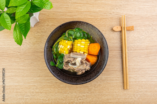 A bowl of nutritious and delicious beef rib soup photo