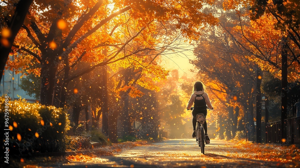 Cartoon illustration a teenage girl riding a bicycle down a quiet tree-lined street, with the morning sunlight shining through the trees and leaves falling around her. Generative ai illustration. Cartoon illustration a teenage girl riding a bicycle down a quiet tree-lined street, with the morning sunlight shining through the trees and leaves falling around her. Generative ai illustration.