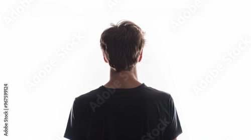 silhouette of man in black t - shirt, white background, looking away from camera, head turned to the side, back view