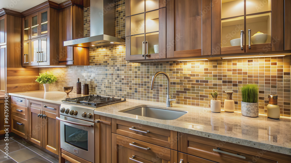 Glass tile decor on porcelain tile backsplash in luxury kitchen with faucet and wooden cabinets Glass tile decor on porcelain tile backsplash in luxury kitchen with faucet and wooden cabinets