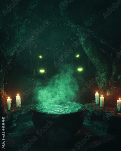 Witch's lair on Halloween night, bubbling cauldron surrounded by candles, dark forest with glowing eyes in the shadows, creepy green light illuminating the stage, magical and creepy atmosphere.