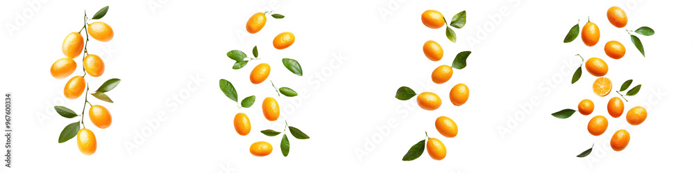 falling ripe kumquats on white background, full depth of field,transparent background falling ripe kumquats on white background, full depth of field,transparent background