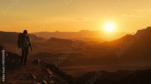 Silhouette hiker on a desert landscape with the sun setting behind.