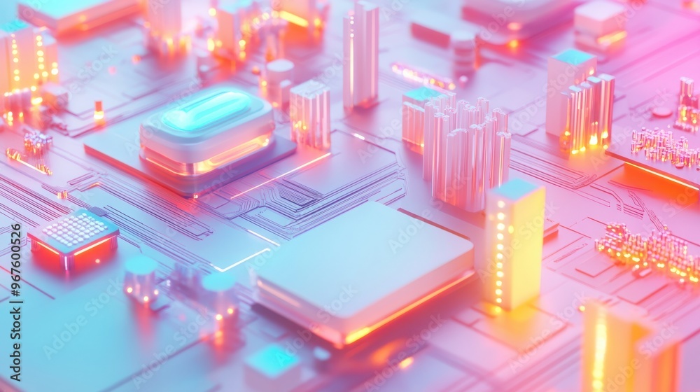 Abstract close-up of a colorful circuit board with glowing elements, representing technology, innovation, and digital landscape. Abstract close-up of a colorful circuit board with glowing elements, representing technology, innovation, and digital landscape.