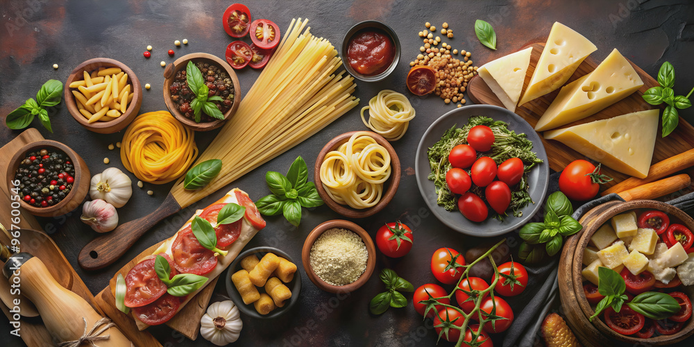 Assortment of Italian food on dark background, Italian, cuisine, pasta, pizza, antipasto, cheese, olives, prosciutto, salami Assortment of Italian food on dark background, Italian, cuisine, pasta, pizza, antipasto, cheese, olives, prosciutto, salami