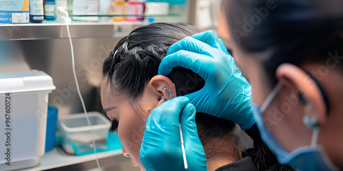 Professional piercer wearing gloves, carefully preparing to pierce a client's ear in a clean, well-lit studio, with sterilized tools and equipment. photo