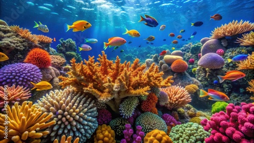 Vibrant coral reef with colorful corals and small fish isolated, coral reef, vibrant, colorful, corals, small fish