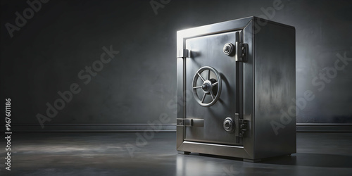 Steel bank safe against dark backdrop, security, protection, deposit, lock, secure, vault, safety, metal, steel