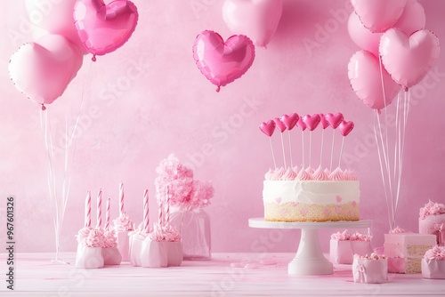 A charming pink celebration setup featuring a heart-themed cake and balloons, perfect for birthdays and romantic occasions. photo