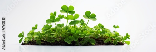 Lush green clover plants growing in soil under bright natural light in a minimalist setting