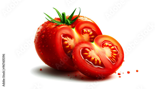 Fresh juicy red tomatoes cut in half, isolated on white background.