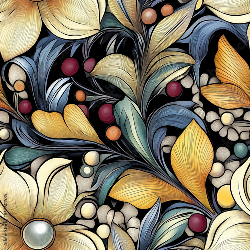 Intricate floral patterns and vibrant colors create a vivid design. Seamless pattern.