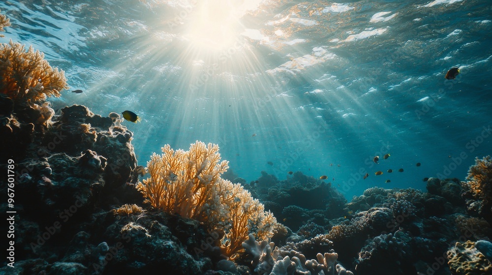 Fototapeta premium Fishes and corals in a colorful reef underwater landscape