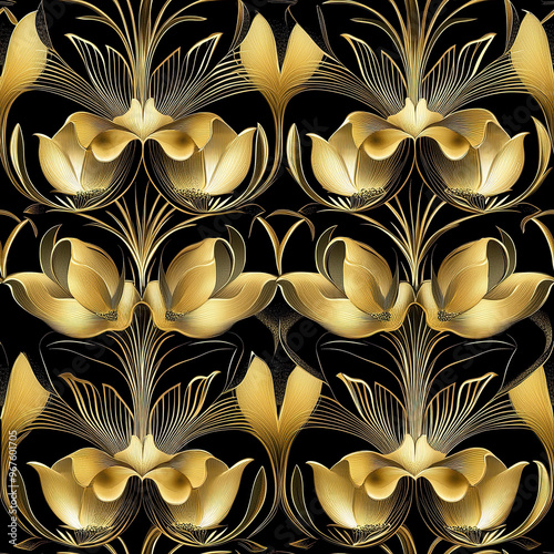 A detailed floral design with gold elements on a black background. Seamless pattern.