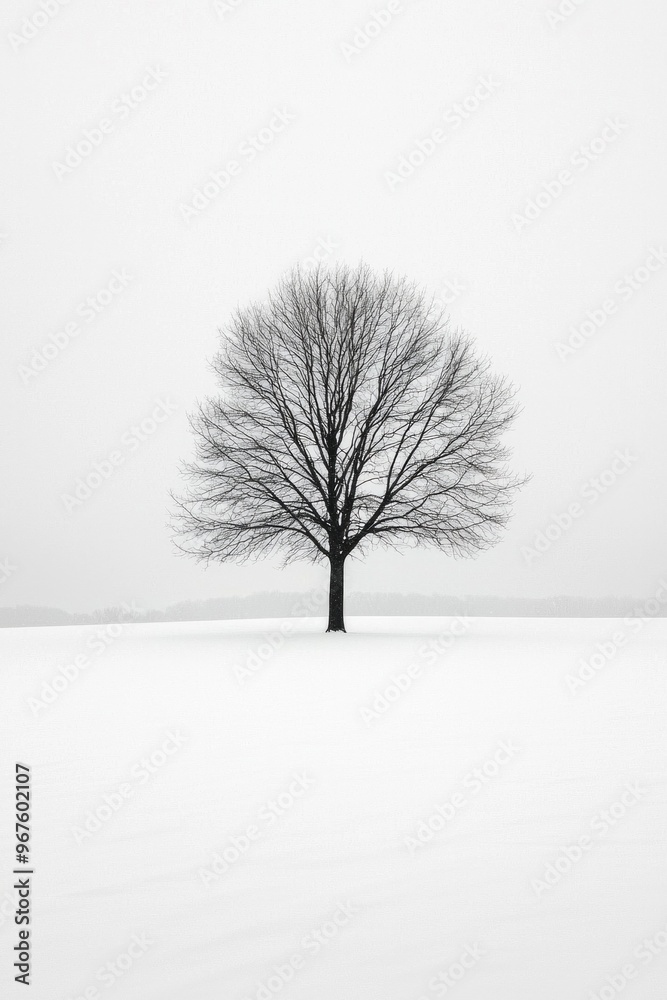 Fototapeta premium A lone tree in a vast, open field of pure white snow 