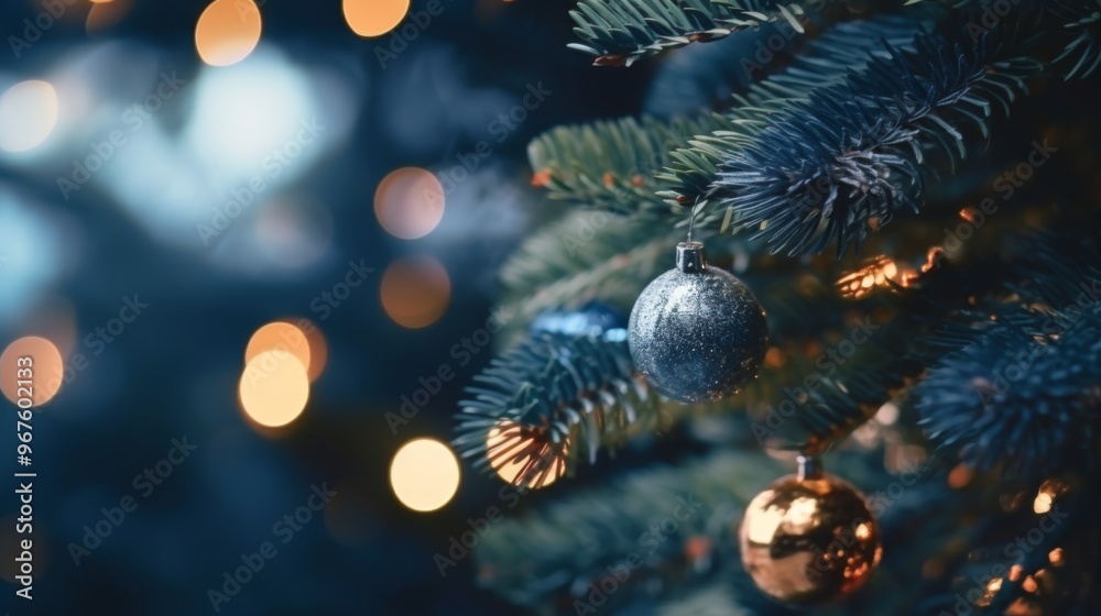 Silver Christmas Ornament on Pine Tree Branch with Bokeh Lights Silver Christmas Ornament on Pine Tree Branch with Bokeh Lights