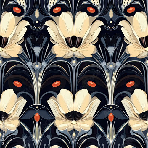 Floral design with cream flowers on a dark background. Seamless pattern.
