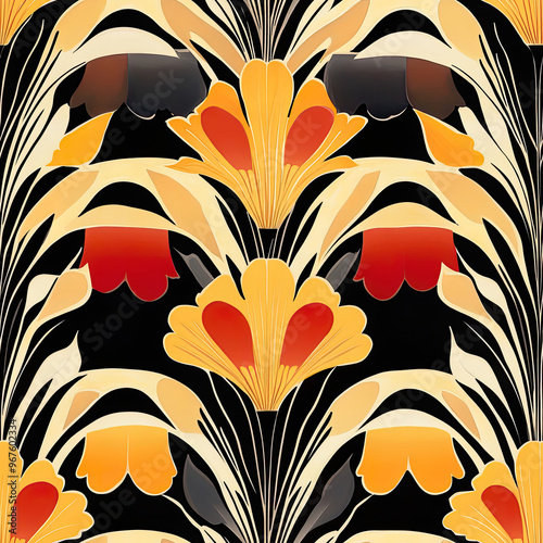 Colorful flowers in yellow and red on a black background. Seamless pattern.
