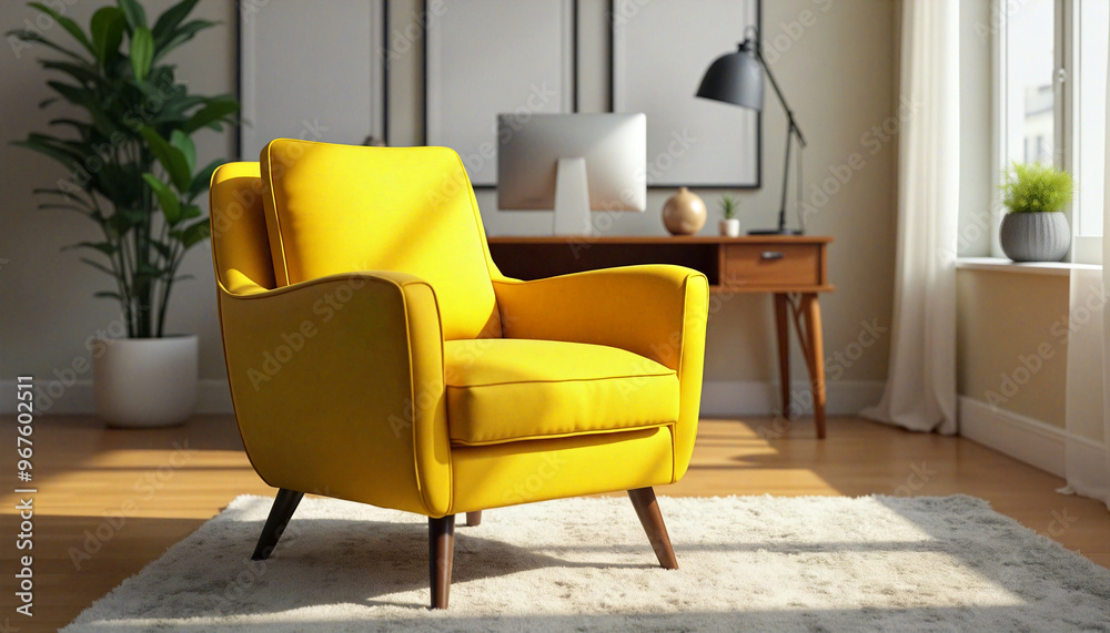 Fototapeta premium Yellow armchair illuminating modern living room with home office
