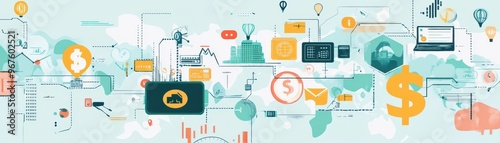Abstract illustration of technology, finance, and communication with symbols of money, networks, and devices representing innovation.