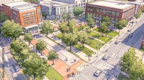 A concept sketch of the city center with modern buildings and green spaces, showcasing sustainable urban development