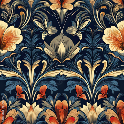 Detailed floral design featuring vibrant colors and ornate patterns. Seamless pattern.