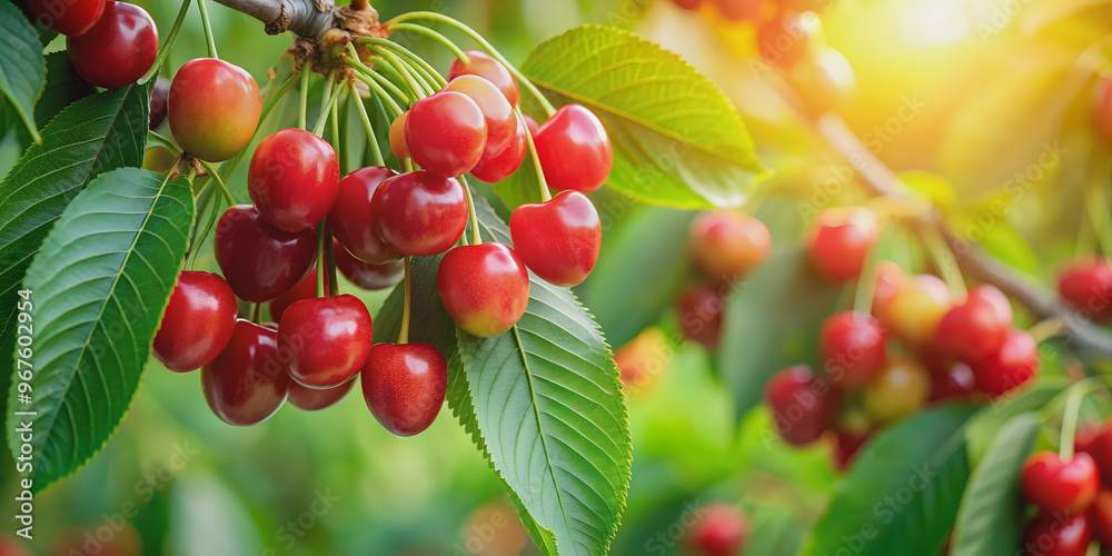 Closeup of green sweet cherry tree branches with ripe cherries , fruit, harvest, nature, garden, organic, closeup, fresh, juicy Closeup of green sweet cherry tree branches with ripe cherries , fruit, harvest, nature, garden, organic, closeup, fresh, juicy