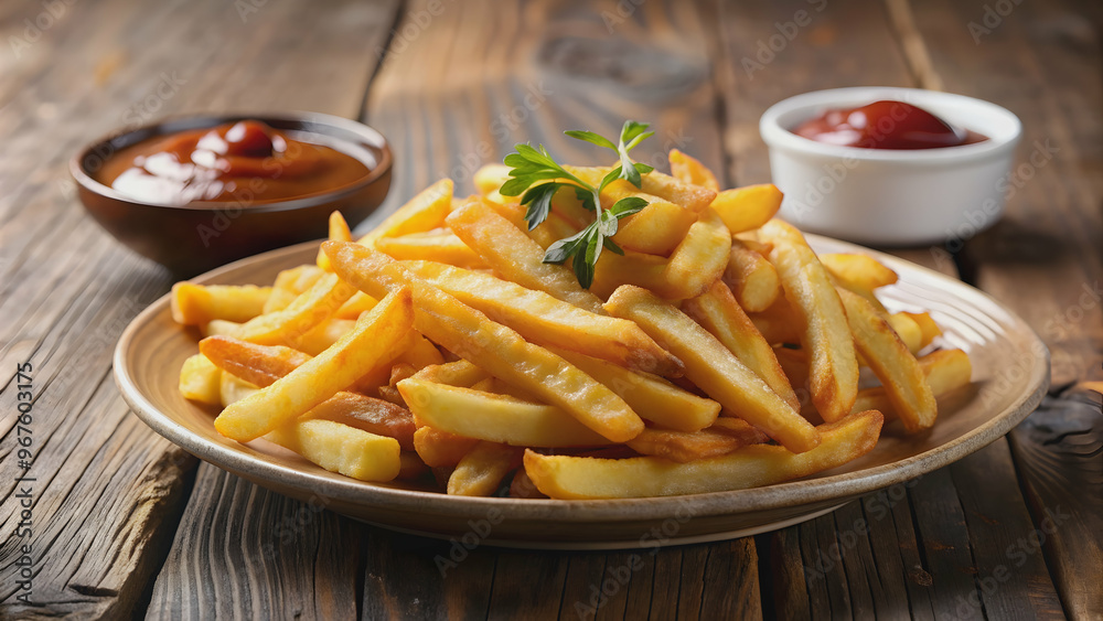 Classic French fries with a crispy, golden-brown finish, fries in plate with sauce on background, French fries, fast food, potato Classic French fries with a crispy, golden-brown finish, fries in plate with sauce on background, French fries, fast food, potato