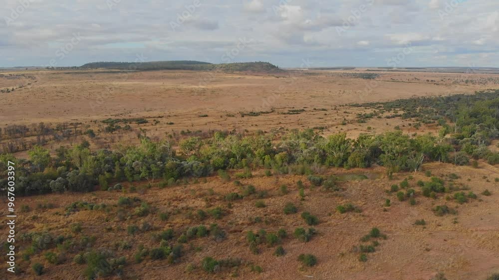 Aerial view of dry outback landscape with a river and scattered trees, Emerald, Queensland, Australia. Aerial view of dry outback landscape with a river and scattered trees, Emerald, Queensland, Australia.