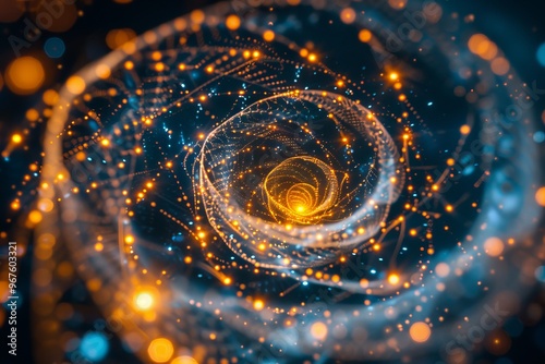 Golden Spiral of Light Particles, Abstract Background for Technology, Science, and Innovation.
