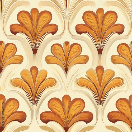 The design features elegant floral motifs in vibrant orange hues. Seamless pattern.