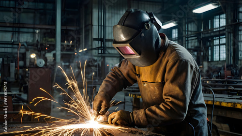 Welder in action, sparks flying as he welds metal in a bustling industrial factory