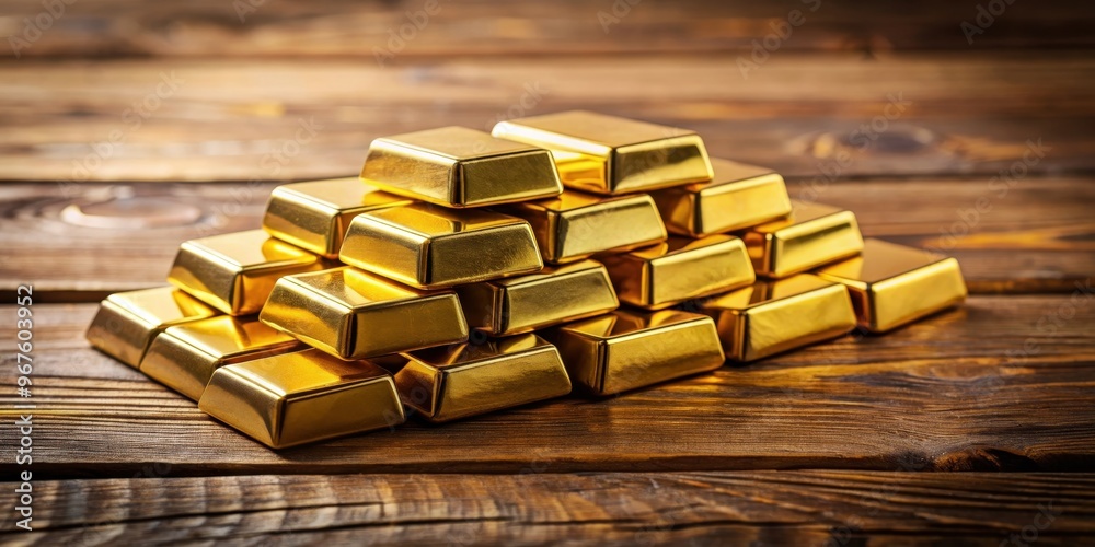 Pile of gold bars on wooden table with shallow depth of field, square background template for holiday party events , Wealth Pile of gold bars on wooden table with shallow depth of field, square background template for holiday party events , Wealth