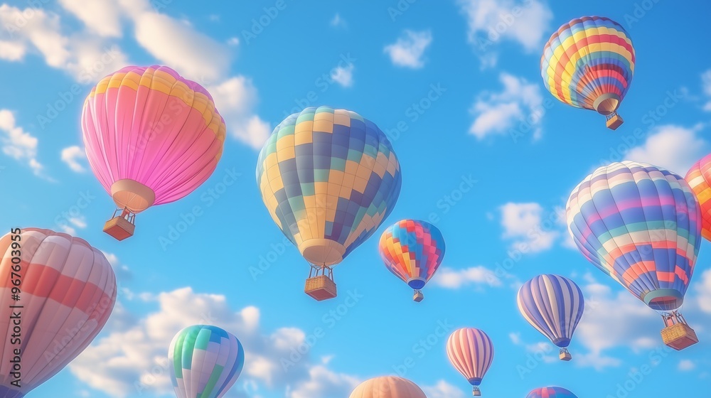 Obraz premium Colorful hot air balloons fill the bright blue sky during a sunny day in a festive outdoor event