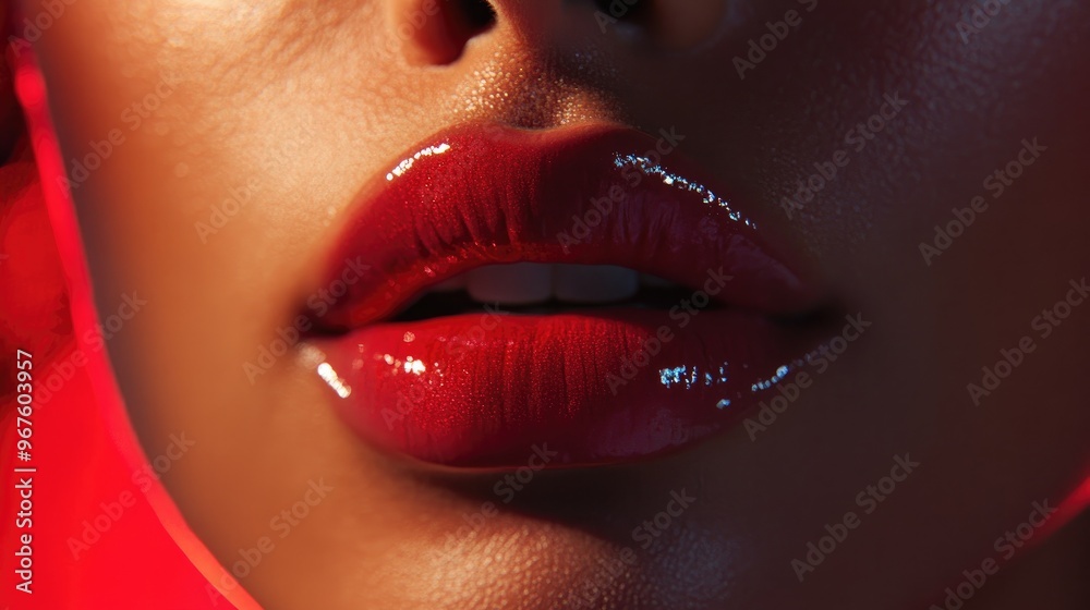 Naklejka premium A close-up of a model lips, with bold lipstick and lip gloss shining under studio lights.