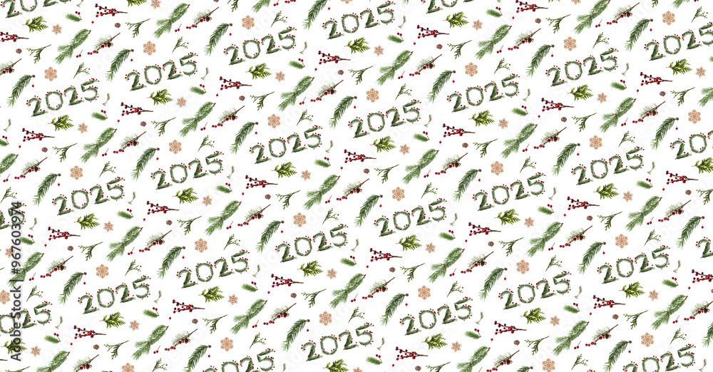 A festive seamless design of fir branches, pine cones, holly berries and 2025. Great for wrapping paper, calendar, greeting cards, invitations, textiles, and printed decor. A festive seamless design of fir branches, pine cones, holly berries and 2025. Great for wrapping paper, calendar, greeting cards, invitations, textiles, and printed decor.
