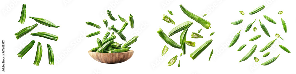 falling green okra on white background,transparent background falling green okra on white background,transparent background