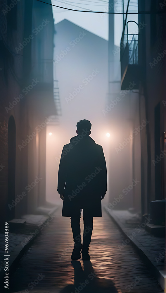 fantasy urban young man walks foggy spooky alley backlit smoke pollution
