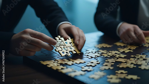 group assembles jigsaw puzzle