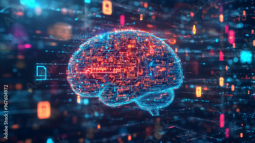 Wallpaper Mural A futuristic brain made of glowing circuits, surrounded by vibrant digital data, symbolizes advanced technology and innovation. This captivating image evokes sense of wonder and exploration in realm o Torontodigital.ca
