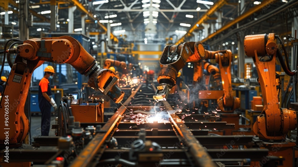 A factory with robots working on a track A factory with robots working on a track